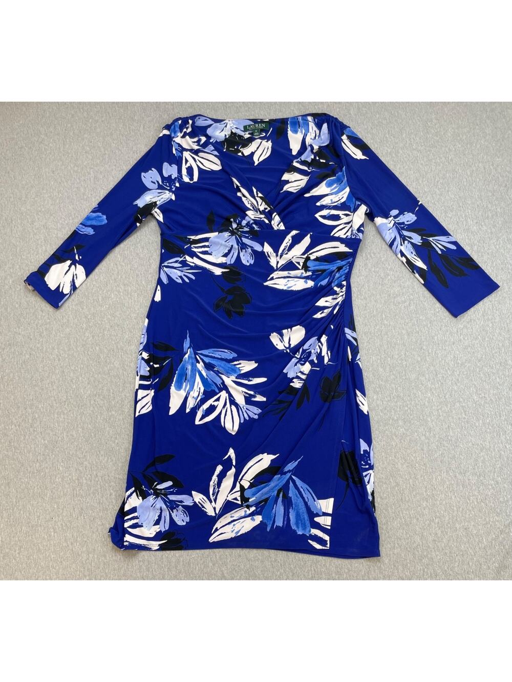 Lauren Ralph Lauren Dress Womens 16 Blue White Floral V Neck Above the Knee Wrap